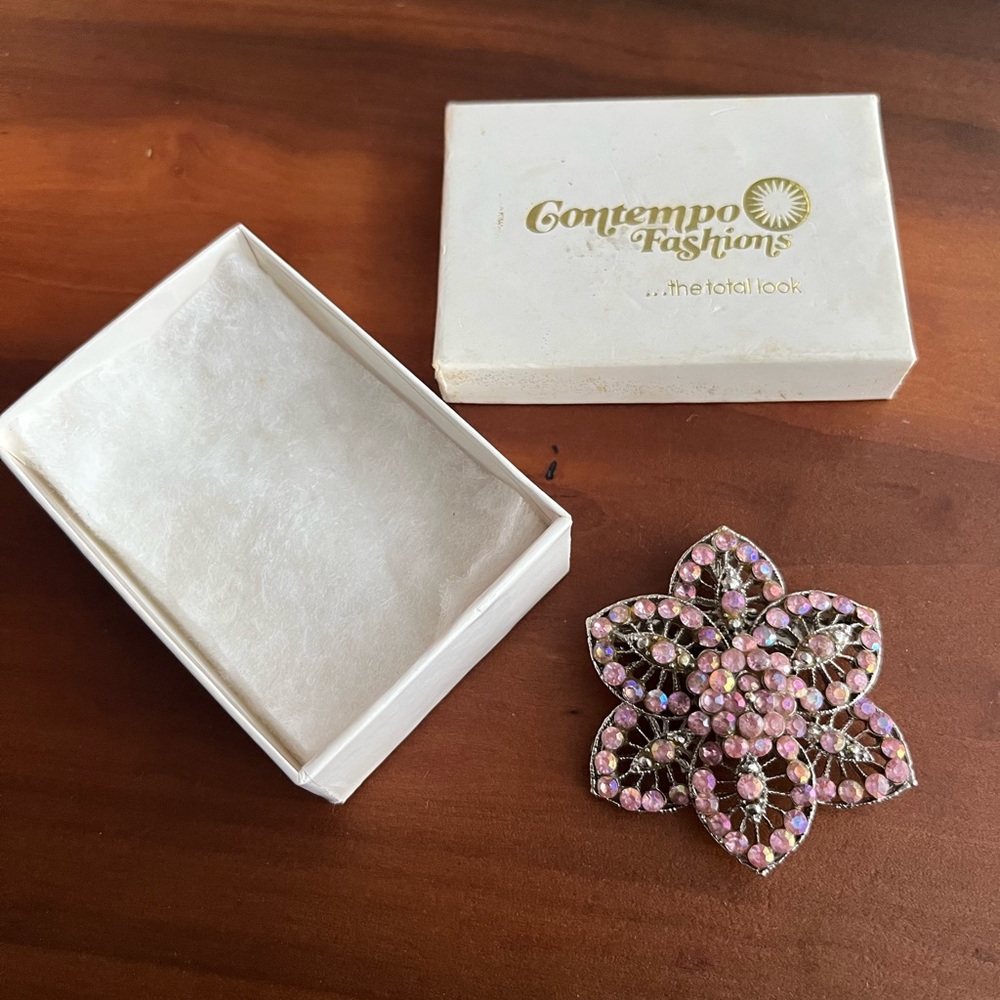 Vintage Pink Rhinestone Floral Brooch Pin